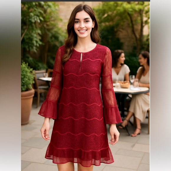 Sachin + Babi Dresses & Skirts - Sachin & Babi Red Lace 3/4 Length Bell Sleeve Dress